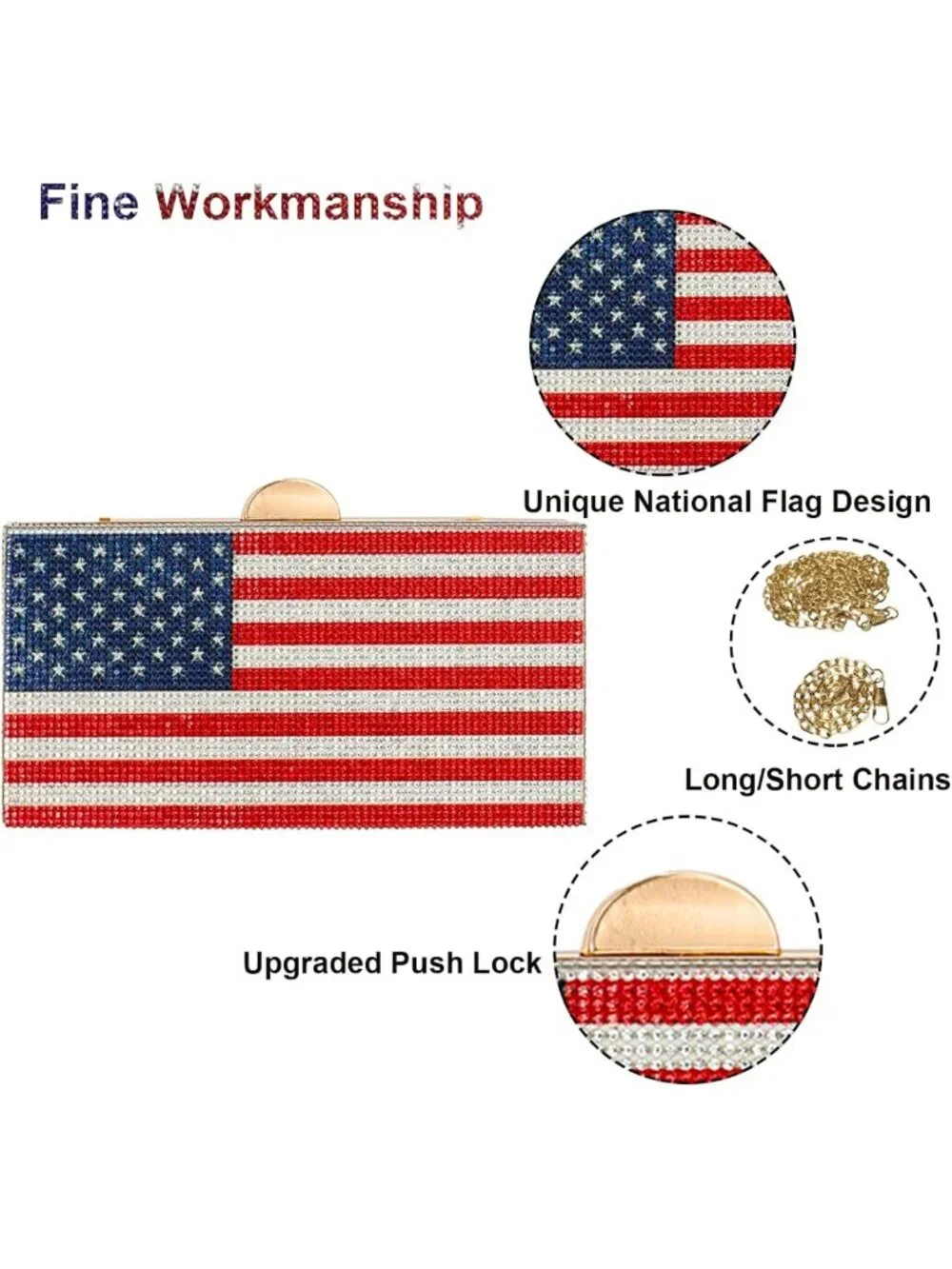 Patriotic Rhinestone Crossbody Purse - Women's Red White Blue Evening Clutch Bag